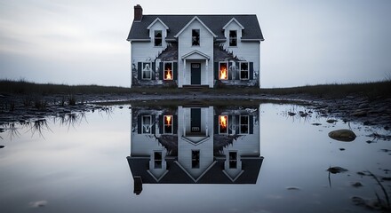 A house reflected in a still, black puddle of water on the ground, but the reflection shows a decayed, haunted version with ghosts