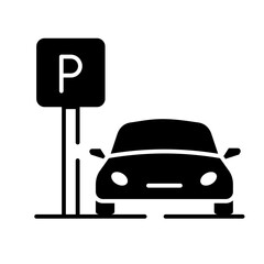 Glyph Icon - Car parked near sign symbolizing parking area or parking lot.