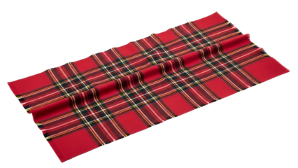 Woven fabric displaying a classic symmetrical pattern of intersecting colored lines on a deep background