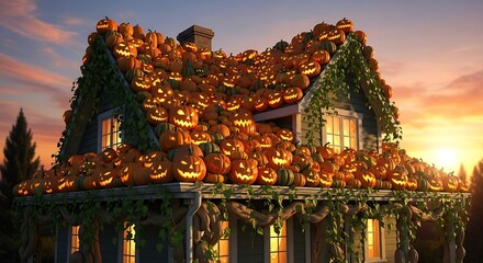 A house where the entire roof is a cascading patch of different sized pumpkins and gourds, some carved
