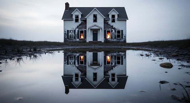 A house reflected in a still, black puddle of water on the ground, but the reflection shows a decayed, haunted version with ghosts