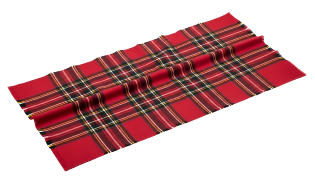 Woven fabric displaying a classic symmetrical pattern of intersecting colored lines on a deep background