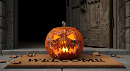 A beautifully carved jack-o-lantern with a zombie motif sits on the welcome mat of a house. The pumpkin depicts a rotting face