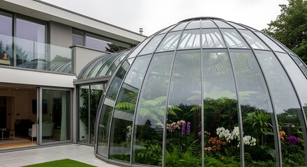A biodome conservatory attached to a sleek modern British home, filled with lush tropical plants, glass and steel structure