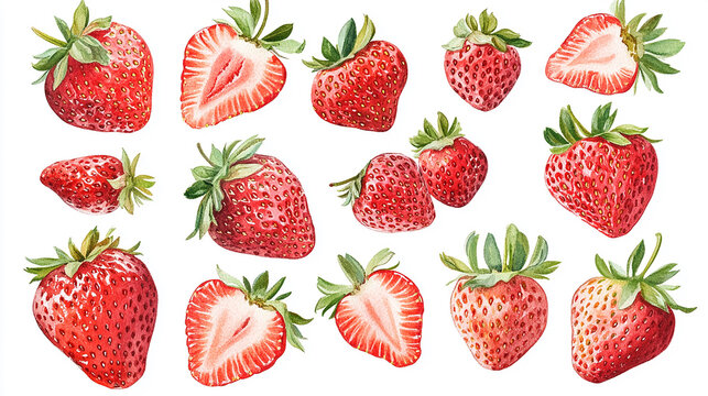 Fresh, vibrant watercolor illustration featuring whole and halved strawberries on a white background.