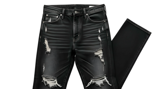 Faded black denim trousers featuring intentional rips and distressing displayed against a dark background