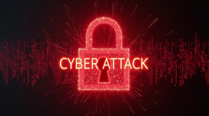 A glowing red padlock symbolizing cybersecurity, surrounded by digital effects, emphasizes the urgency of cyber attacks.
