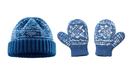 Blue hat and mittens with white snowflakes, AI, PNG