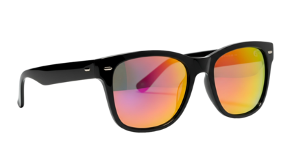 Stylish black frame eyewear featuring vibrant mirrored lenses rests against a dark background.