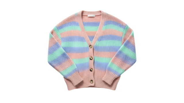 Knitted V-neck cardigan featuring soft pastel horizontal stripes against a solid dark background