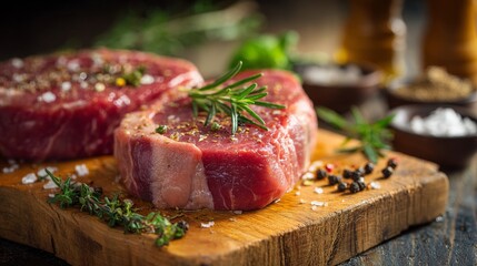 Fresh Raw Meat Cuts on Wooden Board with Herbs and Spices for Culinary Preparation and Cooking in a Rustic Kitchen Setting