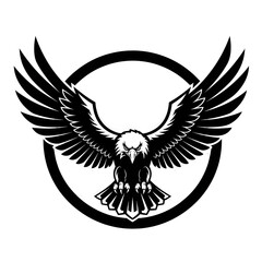 Obraz premium Powerful Eagle Vector Logo with Spread Wings in Circular Frame. Majestic Black and White Illustration of a Fierce Bird of Prey.