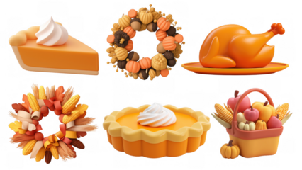 Thanksgiving foods and festive decorations, created AI, PNG