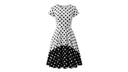 Flared short sleeve garment features contrasting polka dot patterns on white and black fabric sections