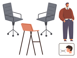 Three chairs, including two swivel office chairs and a modern stool, a professional male figure, and a face scan graphic. Ideal for workplace, technology, teamwork, HR, meetings identity and modern