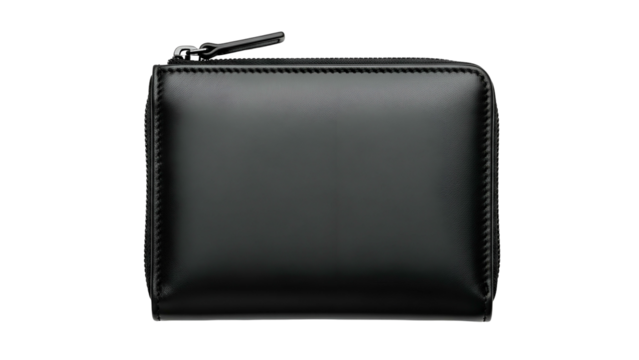 Rectangular black leather accessory with zipper closure is displayed against a solid dark background