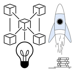 Connected cubes forming a blockchain, a rocket symbolizing innovation, a bulb for ideas, and stacked coins. Ideal for technology, innovation, finance, startup blockchain growth inspiration. Simple