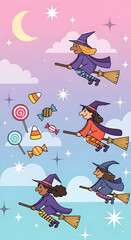 Witches Flying on Brooms with Falling Candy Illustration