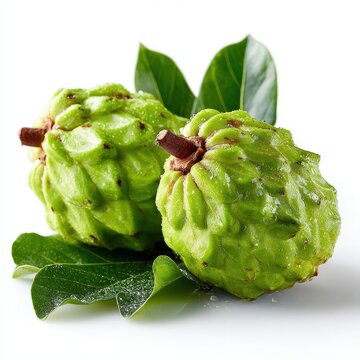 Fresh Green Sugar Apples or Sweetsops with Leaves on White Background