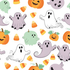 Halloween Pattern with Pumpkins Ghosts and Candy Corn Seamless Holiday Design