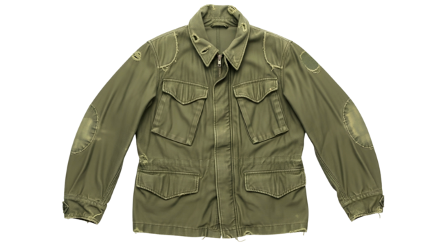 Olive drab field coat displays signs of wear and patching against a black background