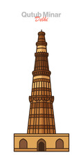 Majestic Qutub Minar vector illustration: a UNESCO World Heritage site, victory tower, and architectural marvel symbolizing Delhi, India's rich Islamic heritage