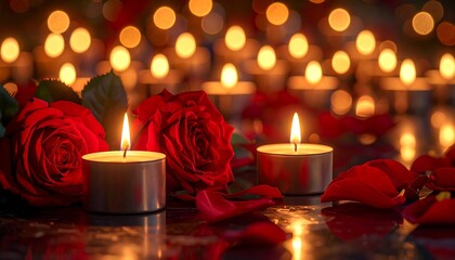 Close-up of lit candles with roses, soft focus of multiple lights