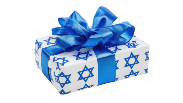 Gift box wrapped in blue and white with star designs, created AI, PNG
