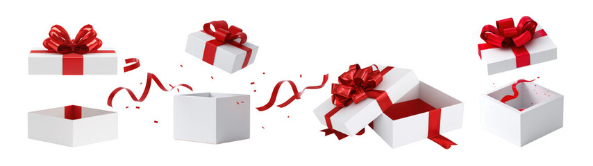 Fototapeta na wymiar Gifts wrapped in shiny red ribbons for the holidays, created AI, PNG