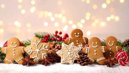 Festive gingerbread people and star cookies with holiday decorations
