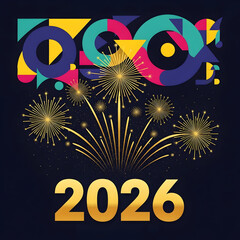 Celebrating 2026 with Golden Fireworks and Colorful Geometric Shapes