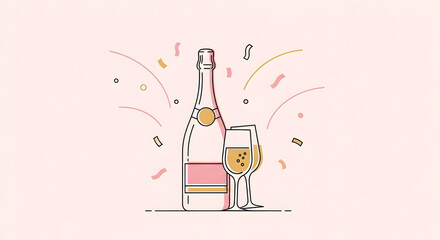 Celebrating with Champagne Bottle and Glass Minimalist Illustration
