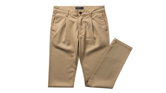 Khaki colored pleated trousers laid flat against a black background