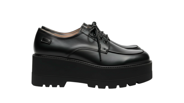 Polished black leather lace up shoes feature extremely thick lugged platform soles