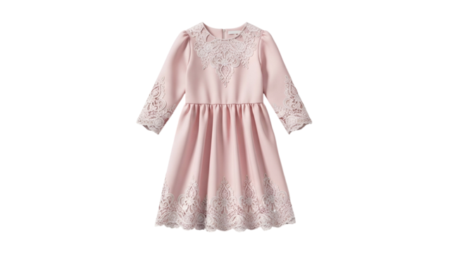 Elegant long sleeve garment for a young person features delicate lace embellishments