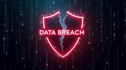 A digital illustration depicting a shield icon with the text 'DATA BREACH,' highlighting cybersecurity concerns and threats.