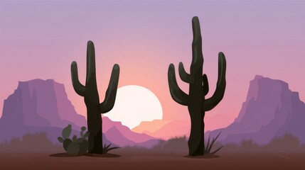 Desert cacti at sunset landscape