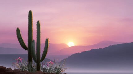 Vibrant desert sunset with saguaro cactus and flowers