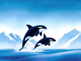 Orcas jumping in arctic waters with mountains