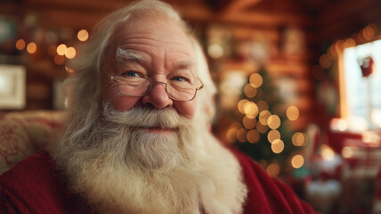 Fototapeta premium Santa Claus beams among twinkling lights and holiday decor in a cozy cabin Generative AI