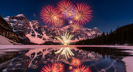 Fireworks Over Snowy Mountains Reflecting in Frozen Lake at Night