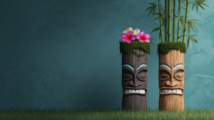 Tropical tiki statues, flowers, bamboo, green grass