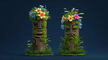 Tropical tiki idols with flowers