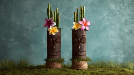 Tiki statue with flowers