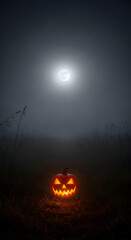 Glowing Carved Pumpkin Lit by Moonlight in Misty Field