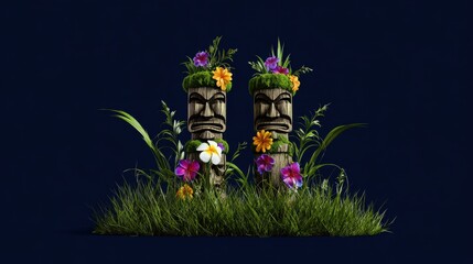 Tiki totems with vibrant flowers and green grass