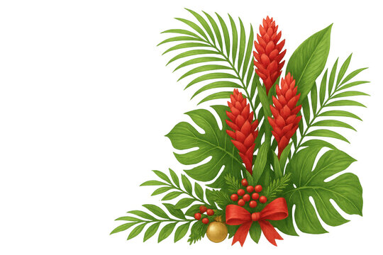 Tropical christmas corner with red ginger flowers, palm leaves, monstera and festive decorations, transparent background