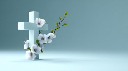 Light blue cross with delicate spring flowers and leaves