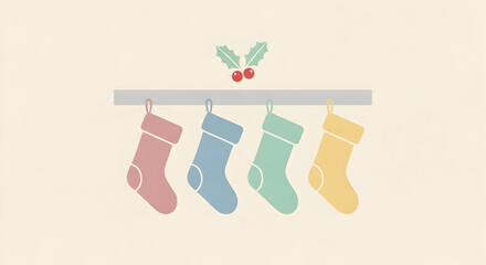 Hanging Christmas Stockings with Holly Berry Decoration on Beige Background