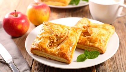 Delicious baked pastries served with fruit and beverages on a wooden surface